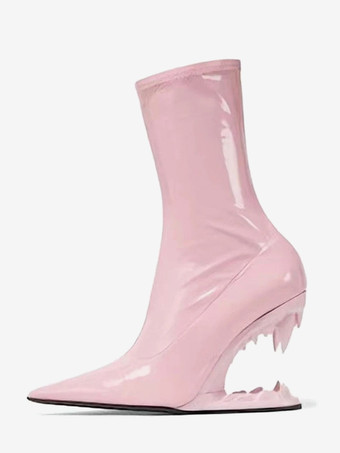 ピンクブラックアンクルブーツ PUポインテッドトゥデザイン ウェッジヒールブーティ