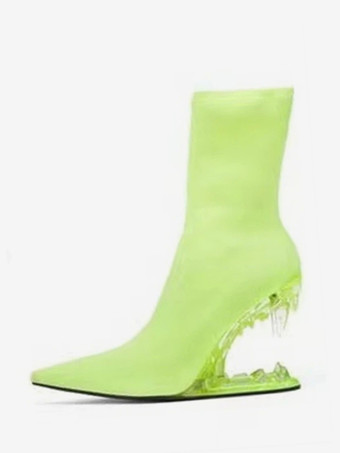ライトグリーン ブラックアンクルブーツ PUポインテッドトゥデザイン ウェッジヒールブーティ