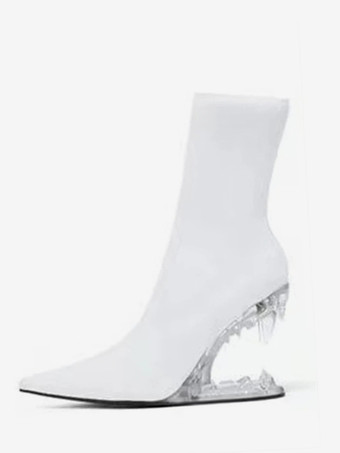 ホワイト ブラックアンクルブーツ PUポインテッドトゥデザイン ウェッジヒールブーティ