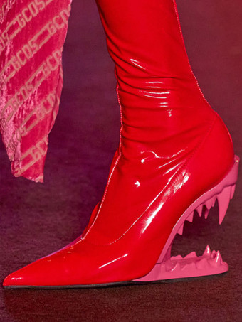 レッド ブラックアンクルブーツ PUポインテッドトゥデザイン ウェッジヒールブーティ