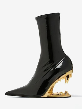 ブラック ブラックアンクルブーツ PUポインテッドトゥデザイン ウェッジヒールブーティ