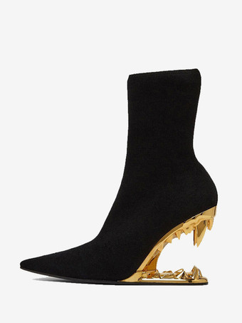 ブラック レディース アンクルブーツ ポインテッドトゥ デザインヒール 伸縮性のあるブーティ