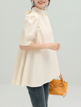 カジュアルスタンドカラーホワイトハーフスリーブストラップトップシャツ＆ブラウストップスレディースファッション
