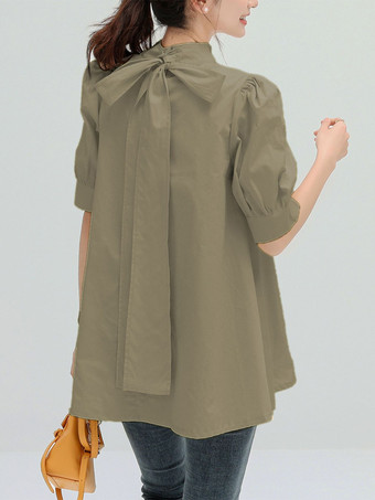 ディープブラウンカジュアルスタンドカラーホワイトハーフスリーブストラップトップシャツ＆ブラウストップスレディースファッション