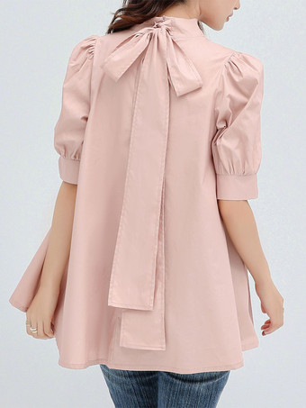 ピンクカジュアルスタンドカラーホワイトハーフスリーブストラップトップシャツ＆ブラウストップスレディースファッション