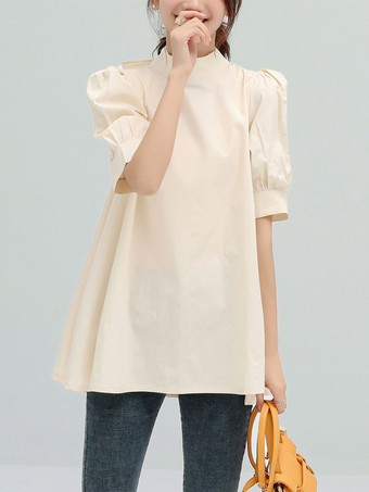 カジュアルスタンドカラーホワイトハーフスリーブストラップトップシャツ＆ブラウストップスレディースファッション