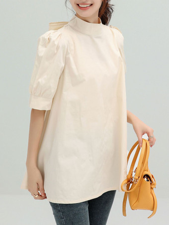 カジュアルスタンドカラーホワイトハーフスリーブストラップトップシャツ＆ブラウストップスレディースファッション