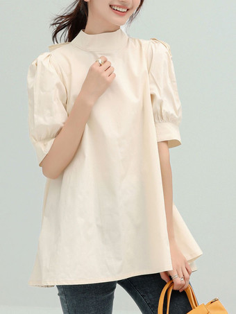 カジュアルスタンドカラーホワイトハーフスリーブストラップトップシャツ＆ブラウストップスレディースファッション