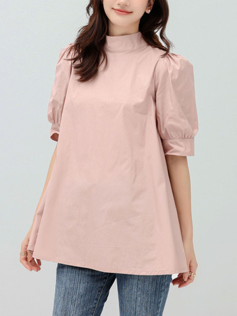 カジュアルスタンドカラーホワイトハーフスリーブストラップトップシャツ＆ブラウストップスレディースファッション