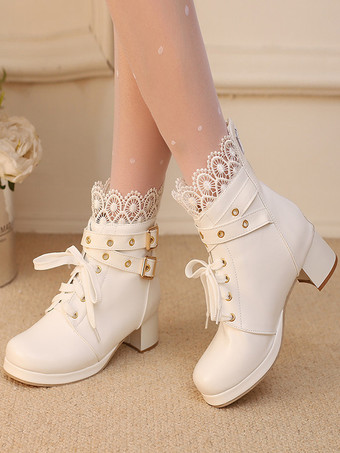 ホワイト スイートロリータブーツ ブラックリボン ラウンドトゥ PUレザー ロリータシューズ