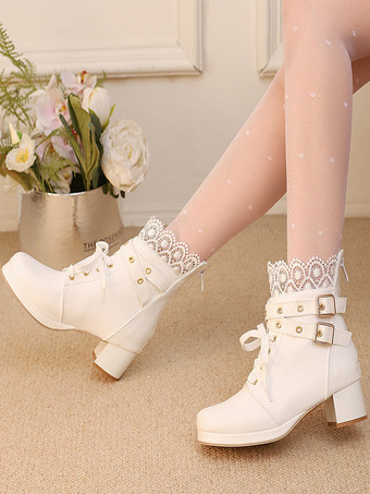 スイートロリータブーツ ブラックリボン ラウンドトゥ PUレザー ロリータシューズ