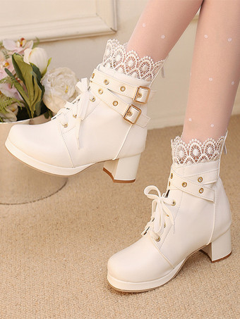 スイートロリータブーツ ブラックリボン ラウンドトゥ PUレザー ロリータシューズ