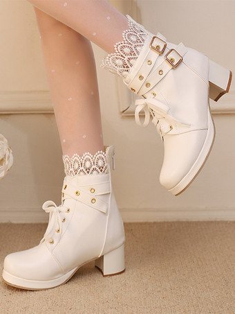 スイートロリータブーツ ブラックリボン ラウンドトゥ PUレザー ロリータシューズ