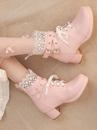 スイートロリータブーツ ブラックリボン ラウンドトゥ PUレザー ロリータシューズ