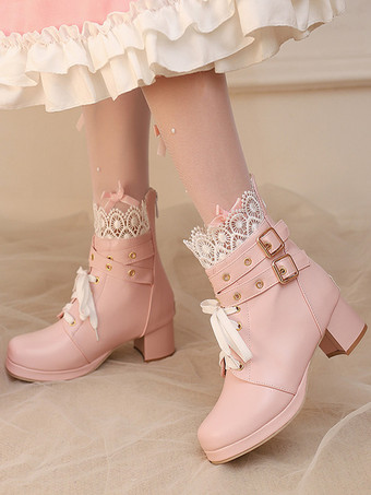 スイートロリータブーツ ブラックリボン ラウンドトゥ PUレザー ロリータシューズ