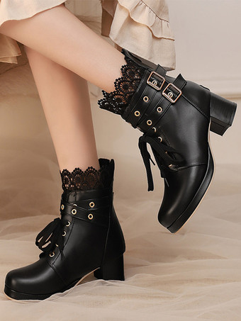 ブラック スイートロリータブーツ ブラックリボン ラウンドトゥ PUレザー ロリータシューズ