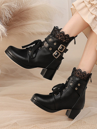 スイートロリータブーツ ブラックリボン ラウンドトゥ PUレザー ロリータシューズ