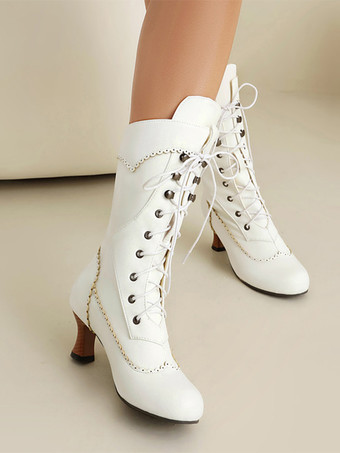 クラシックなヴィンテージスタイルのロリータブーツ PUレザー ラウンドトゥ ブラック ロリータシューズ