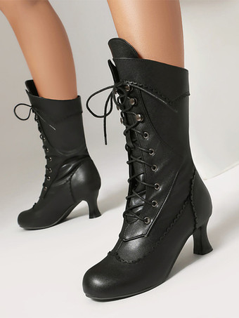 ブラック クラシックなヴィンテージスタイルのロリータブーツ PUレザー ラウンドトゥ ブラック ロリータシューズ