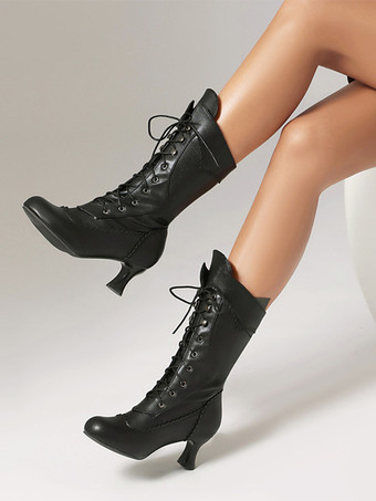 クラシックなヴィンテージスタイルのロリータブーツ PUレザー ラウンドトゥ ブラック ロリータシューズ