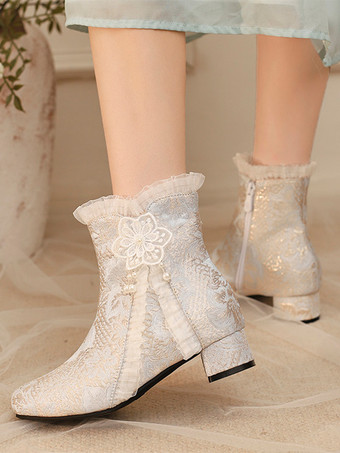 ライト アプリコットスイートロリータブーツ ソフトピンクのリボン ラウンドトゥ テキスタイルロリータシューズ