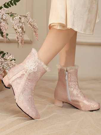 スイートロリータブーツ ソフトピンクのリボン ラウンドトゥ テキスタイルロリータシューズ
