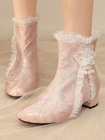 スイートロリータブーツ ソフトピンクのリボン ラウンドトゥ テキスタイルロリータシューズ