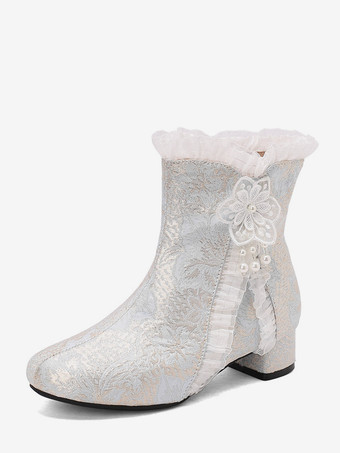 スイートロリータブーツ ソフトピンクのリボン ラウンドトゥ テキスタイルロリータシューズ