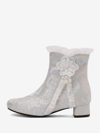 ライトスカイブルースイートロリータブーツ ソフトピンクのリボン ラウンドトゥ テキスタイルロリータシューズ