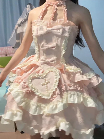 PinkSweet Ballet Lolita Dress Halter Sleeveless Ruffles Lace Up Blue Lolita Dress With Train