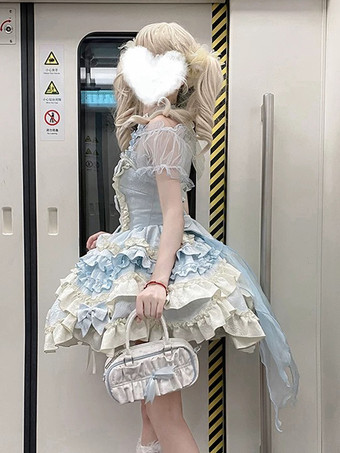 Sweet Ballet Lolita Dress Halter Sleeveless Ruffles Lace Up Blue Lolita Dress With Train