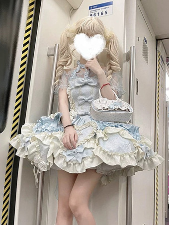Blue Sweet Ballet Lolita Dress Halter Sleeveless Ruffles Lace Up Blue Lolita Dress With Train