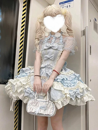 Sweet Ballet Lolita Dress Halter Sleeveless Ruffles Lace Up Blue Lolita Dress With Train