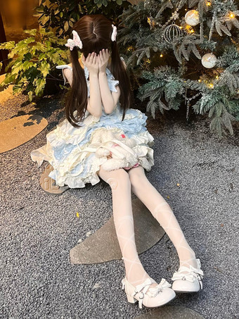 Sweet Ballet Lolita Dress Halter Sleeveless Ruffles Lace Up Blue Lolita Dress With Train