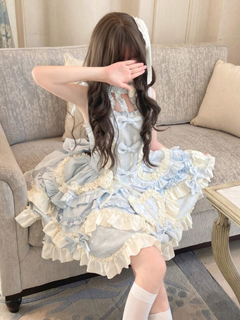 Sweet Ballet Lolita Dress Halter Sleeveless Ruffles Lace Up Blue Lolita Dress With Train