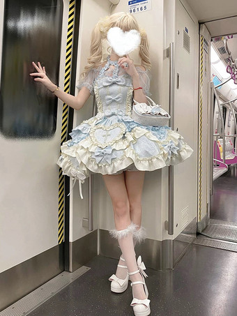 Sweet Ballet Lolita Dress Halter Sleeveless Ruffles Lace Up Blue Lolita Dress With Train