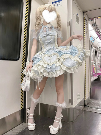 Sweet Ballet Lolita Dress Halter Sleeveless Ruffles Lace Up Blue Lolita Dress With Train