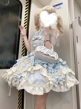 Sweet Ballet Lolita Dress Halter Sleeveless Ruffles Lace Up Blue Lolita Dress With Train