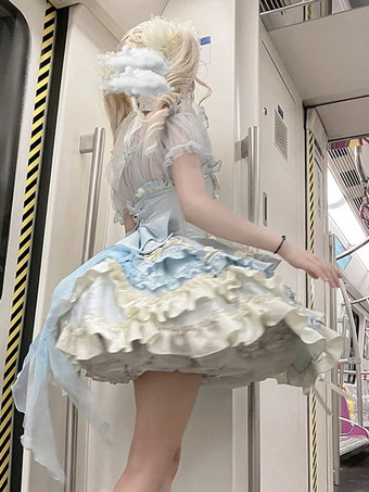 Sweet Ballet Lolita Dress Halter Sleeveless Ruffles Lace Up Blue Lolita Dress With Train