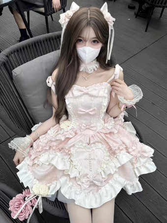 ピンクスイートロリータドレス ノースリーブ レースアップ フリルドレス ピンク トレーン付きドレス