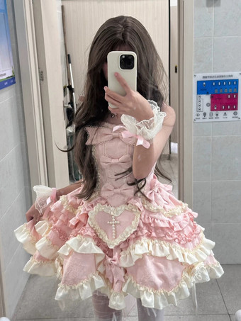 スイートロリータドレス ノースリーブ レースアップ フリルドレス ピンク トレーン付きドレス