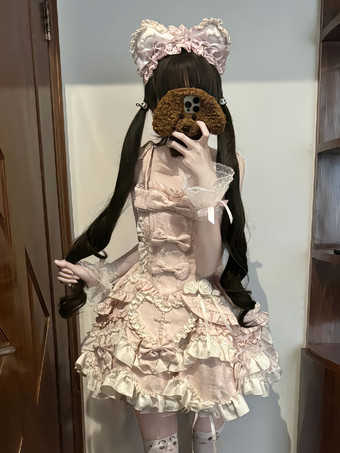 スイートロリータドレス ノースリーブ レースアップ フリルドレス ピンク トレーン付きドレス