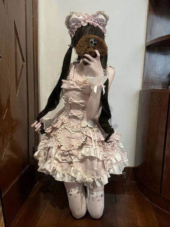 スイートロリータドレス ノースリーブ レースアップ フリルドレス ピンク トレーン付きドレス