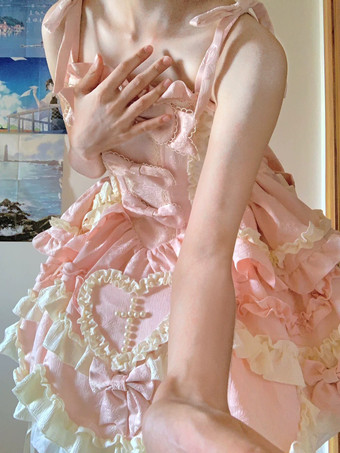 スイートロリータドレス ノースリーブ レースアップ フリルドレス ピンク トレーン付きドレス