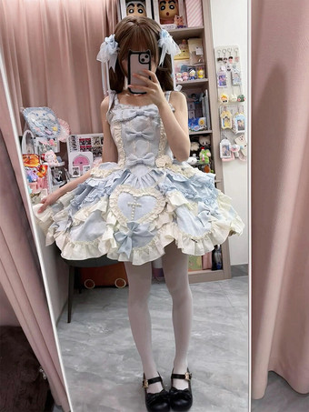 ブルー スイートロリータドレス ノースリーブ レースアップ フリルドレス ピンク トレーン付きドレス