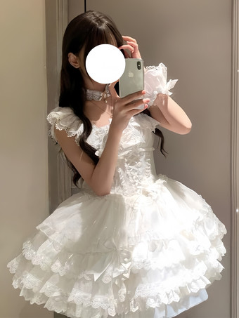 WeißSüßes Ballett-Lolita-Kleid ärmellos mit Schnürung Rüschen und passendem Hut