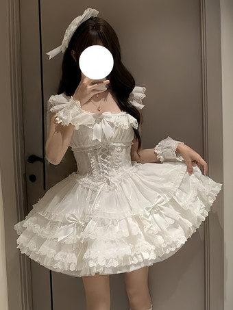 Süßes Ballett-Lolita-Kleid ärmellos mit Schnürung Rüschen und passendem Hut