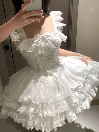 Süßes Ballett-Lolita-Kleid ärmellos mit Schnürung Rüschen und passendem Hut