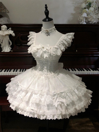 Süßes Ballett-Lolita-Kleid ärmellos mit Schnürung Rüschen und passendem Hut