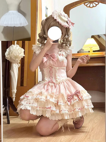 Süßes Ballett-Lolita-Kleid ärmellos mit Schnürung Rüschen und passendem Hut